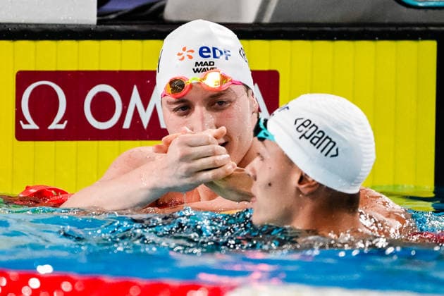 David Popovici of Romania, Gold, Egor Kornev of Neutral Athletes B, Silver celebrates after the Men™s 100m Freestyle Final during the European Aquatics Championships at the Olympic Aquatic Center in Paris (France), August 12, 2026. Andrea Staccioli