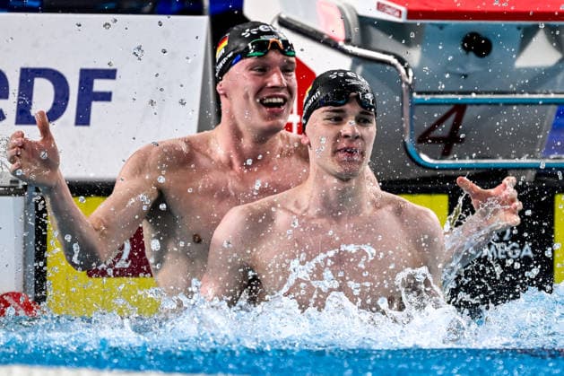 Sven Schwarz of Germany, silver, Johannes Liebmann of Germany, gold celebrate after the swimming 800m Freestyle Men Final during the European Aquatics Championships at the Olympic Aquatic Center in Paris (France), August 12, 2026. Andrea Masini Deepbluemedia Insidefoto