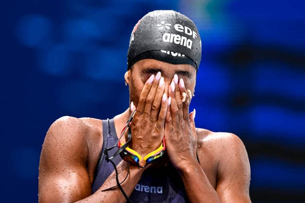Sara Curtis of Italy celebrates after the swimming 50m Backstroke Women Semifinal with new world record during the European Aquatics Championships at the Olympic Aquatic Center in Paris (France), August 12, 2026. Andrea Staccioli