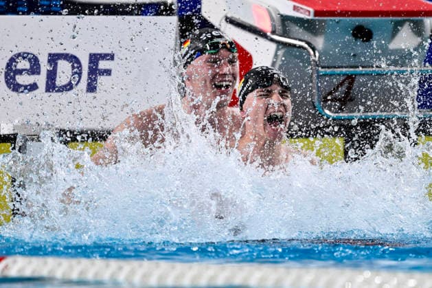 Johannes Liebmann of Germany and Sven Schwarz of Germany celebrate after winning the gold and silver medal in the swimming Men s 800m Freestyle final during the European Aquatics Championships at the Olympic Aquatic Center in Paris (France), August 12, 2026.