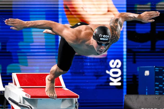 Michele Busa of Italy competes in the swimming 100m Butterfly Men Semifinal during the European Aquatics Championships at the Olympic Aquatic Center in Paris (France), August 12, 2026. Andrea Staccioli