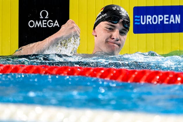 Johannes Liebmann of Germany celebrates after winning the gold medal in the swimming 800m Freestyle Men Final during the European Aquatics Championships at the Olympic Aquatic Center in Paris (France), August 12, 2026. Andrea Staccioli