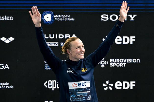 Sarah Sjostrom of Sweden celebrates after winning the gold medal in the swimming 50m Butterfly Women Final during the European Aquatics Championships at the Olympic Aquatic Center in Paris (France), August 12, 2026. Giorgio Scala DBM - Deepbluemedia Insidefoto