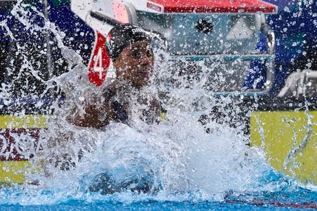 Sara Curtis of Italy celebrates after setting the new world record in the swimming Women s 50m Backstroke semifinal during the European Aquatics Championships at the Olympic Aquatic Center in Paris (France), August 12, 2026.