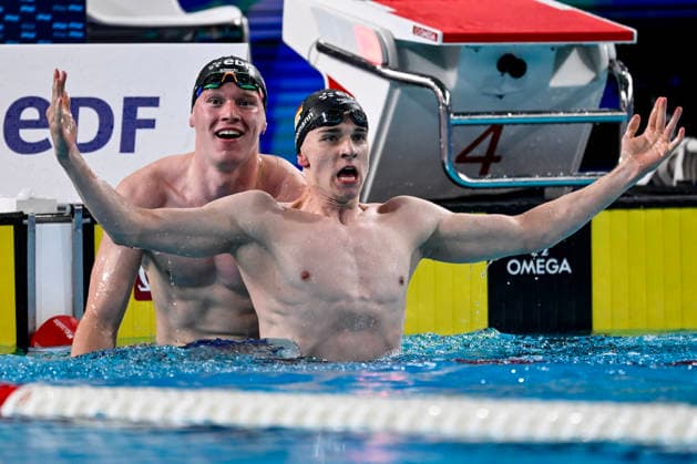 Johannes Liebmann of Germany and Sven Schwarz of Germany celebrate after winning the gold and silver medal in the swimming Men s 800m Freestyle final during the European Aquatics Championships at the Olympic Aquatic Center in Paris (France), August 12, 2026.