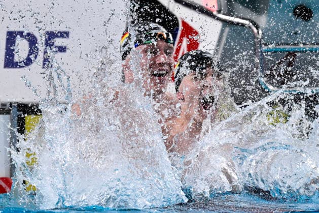 Johannes Liebmann of Germany and Sven Schwarz of Germany celebrate after winning the gold and silver medal in the swimming Men s 800m Freestyle final during the European Aquatics Championships at the Olympic Aquatic Center in Paris (France), August 12, 2026.