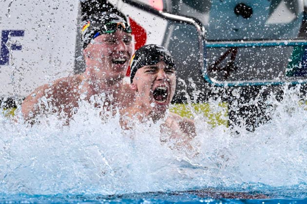 Johannes Liebmann of Germany and Sven Schwarz of Germany celebrate after winning the gold and silver medal in the swimming Men s 800m Freestyle final during the European Aquatics Championships at the Olympic Aquatic Center in Paris (France), August 12, 2026.
