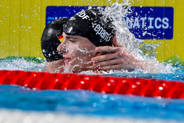 Johannes Liebmann of Germany and Sven Schwarz of Germany celebrate after winning the gold and silver medal in the swimming Men s 800m Freestyle final during the European Aquatics Championships at the Olympic Aquatic Center in Paris (France), August 12, 2026.