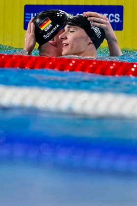 Johannes Liebmann of Germany and Sven Schwarz of Germany celebrate after winning the gold and silver medal in the swimming Men s 800m Freestyle final during the European Aquatics Championships at the Olympic Aquatic Center in Paris (France), August 12, 2026.