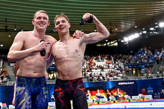 Sven Schwarz of Germany, silver, Johannes Liebmann of Germany, gold celebrate after the swimming 800m Freestyle Men Final during the European Aquatics Championships at the Olympic Aquatic Center in Paris (France), August 12, 2026. Andrea Masini Deepbluemedia Insidefoto