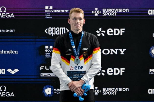 Sven Schwarz of Germany, silver attends the medal ceremony of the swimming 800m Freestyle Men Final during the European Aquatics Championships at the Olympic Aquatic Center in Paris (France), August 12, 2026. Giorgio Scala DBM - Deepbluemedia Insidefoto