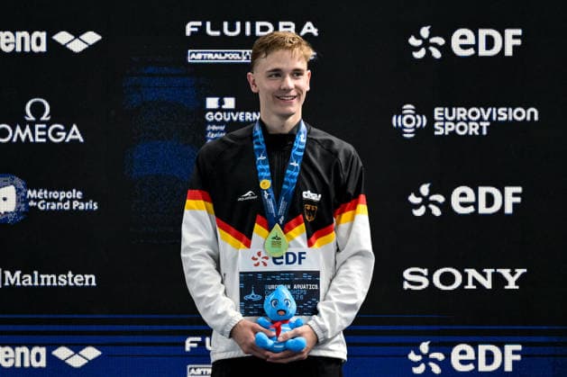 Johannes Liebmann of Germany, gold attends the medal ceremony of the swimming 800m Freestyle Men Final during the European Aquatics Championships at the Olympic Aquatic Center in Paris (France), August 12, 2026. Giorgio Scala DBM - Deepbluemedia Insidefoto