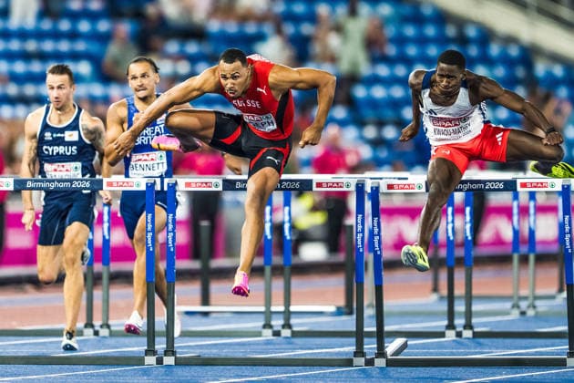 European Athletics Championships; Birmingham, 12.08.2026 BIRMINGHAM, UNITED KINGDOM - AUGUST 12: Jason Joseph (Switzerland) and Just Kwaou-Mathey (FRA - France) over the last hurdle in the final of the mens 110 m hurdles at the European Athletics Championships on August 12, 2026 in Birmingham, United Kingdom. *** European Athletics Championships, Birmingham, August 12, 2026 BIRMINGHAM, UNITED KINGDOM AUGUST 12 Jason Joseph of Switzerland and Just Kwaou Mathey of France clear the final hurdle in the men’s 110-meter hurdles final at the European Athletics Championships on August 12, 2026, in Birmingham, United Kingdom Copyright: xBEAUTIFULxSPORTS UlfxSchillerx
