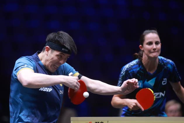 2026 WTT Europe Smash - Sweden - Main Draw - Day 3 Sabine Winter and Dang Qiu of Germany compete against Patrick Franziska and Adriana Diaz of Germany and Puerto Rico during the Mixed Doubles Round of 16 at the 2026 Europe Smash at the Malmo Arena in Malmo, Sweden, on August 11, 2026. Malmo Sweden  Copyright: xRemyxGrosx originalFilename:gros-europesm260812_npZAa.jpg