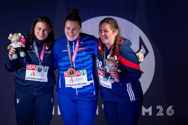260812 Sara Fantini of Italy, Silja Kosonen of Finland and Beatrice Nedberge Llano of Norway celebrate during the prize ceremony during day 3 of the 2026 European Athletics Championships on August 12, 2026 in Birmingham. Photo: Mathias Bergeld BILDBYRAN kod MB MT1066 friidrott athletics friidrett friidrotts-em em friidretts-em 2026 european athletics championships 3 bbeng celebration jubel *** August 12, 2026: Sara Fantini of Italy, Silja Kosonen of Finland, and Beatrice Nedberge Llano of Norway celebrate during the awards ceremony on Day 3 of the 2026 European Athletics Championships on August 12, 2026 in Birmingham. Photo by Mathias Bergeld. BILDBYRAN code MB MT1066. track and field, athletics, friidrett, friidrotts EM, 2026 European Athletics Championships, 3 BBENG, celebration, jubilation  Copyright: MATHIASxBERGELD BB260812MB145