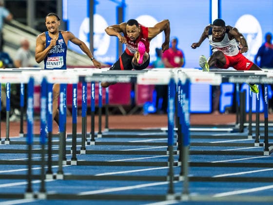 European Athletics Championships; Birmingham, 12.08.2026 BIRMINGHAM, UNITED KINGDOM - AUGUST 12: Samuel Bennett (GBR - Great Britain), Jason Joseph (Switzerland), and Just Kwaou-Mathey (FRA - France) compete in the final of themens 110 m hurdles on August 12, 2026 in Birmingham, United Kingdom. *** European Athletics Championships, Birmingham, August 12, 2026 BIRMINGHAM, UNITED KINGDOM AUGUST 12 Samuel Bennett (GBR, Great Britain), Jason Joseph (Switzerland), and Just Kwaou Mathey (FRA, France) compete in the men’s 110-meter hurdles final on August 12, 2026, in Birmingham, United Kingdom Copyright: xBEAUTIFULxSPORTS UlfxSchillerx