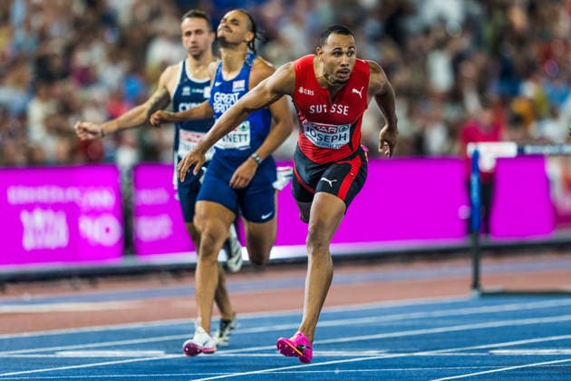 European Athletics Championships; Birmingham, 12.08.2026 BIRMINGHAM, UNITED KINGDOM - AUGUST 12: Jason Joseph (Switzerland) crosses the finish line in the final of the mens 110 m hurdles on August 12, 2026 in Birmingham, United Kingdom. *** European Athletics Championships, Birmingham, August 12, 2026 BIRMINGHAM, UNITED KINGDOM AUGUST 12 Jason Joseph of Switzerland crosses the finish line in the men s 110-meter hurdles final on August 12, 2026, in Birmingham, United Kingdom Copyright: xBEAUTIFULxSPORTS UlfxSchillerx