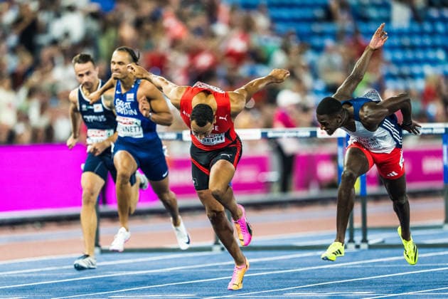 European Athletics Championships; Birmingham, 12.08.2026 BIRMINGHAM, UNITED KINGDOM - AUGUST 12: Jason Joseph (Switzerland) and Just Kwaou-Mathey (FRA - France) at the finish line of the mens 110 m hurdles on August 12, 2026 in Birmingham, United Kingdom. *** European Athletics Championships, Birmingham, August 12, 2026 BIRMINGHAM, UNITED KINGDOM, AUGUST 12—Jason Joseph of Switzerland and Just Kwaou Mathey of France at the finish line of the men’s 110-meter hurdles on August 12, 2026, in Birmingham, United Kingdom Copyright: xBEAUTIFULxSPORTS UlfxSchillerx