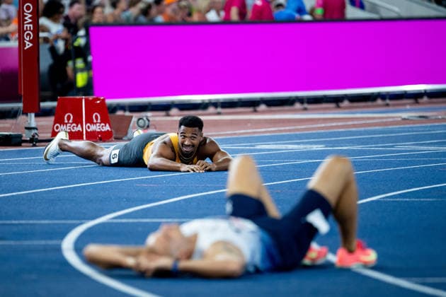 12.08.2026, GBR, Leichtathletik, Europameisterschaft 2026, Abendsession Tag 3, Birmingham Leo Neugebauer ( Deutschland ) liegt im Ziel, Zehnkampf Herren, 400 Meter Lauf Birmingham Alexander Stadium England Großbritannien *** August 12, 2026, GBR, Track and Field, 2026 European Championships, Evening Session, Day 3, Birmingham Leo Neugebauer, Germany, at the finish line, Men s Decathlon, 400-meter dash, Birmingham Alexander Stadium, England, United Kingdom Copyright: xNordphoto Memmlerx