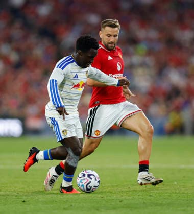 RECORD DATE NOT STATED 12th August 2026; Croke Park, Dublin, Ireland; Friendly Football, Manchester United, ManU versus Leeds United; Wilfried Gnonto of Leeds United under pressure PeterxFitzpatrick