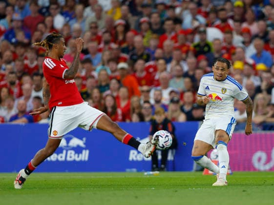 RECORD DATE NOT STATED 12th August 2026; Croke Park, Dublin, Ireland; Friendly Football, Manchester United, ManU versus Leeds United; Noah Okafor of Leeds United crosses the ball PeterxFitzpatrick