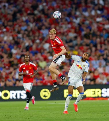 RECORD DATE NOT STATED 12th August 2026; Croke Park, Dublin, Ireland; Friendly Football, Manchester United, ManU versus Leeds United; Toby Collyer of Manchester United heads the ball PeterxFitzpatrick