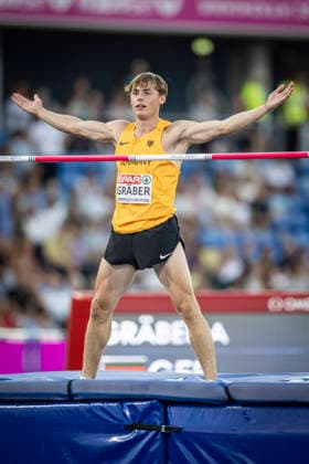 RECORD DATE NOT STATED 12th August 2026; Alexander Stadium, Birmingham, Midlands, England; 2026 European Athletics Championships, Day Three; Amadeus Graber (GER) celebrates a successful high jump in the mens decathlon GodfreyxPitt