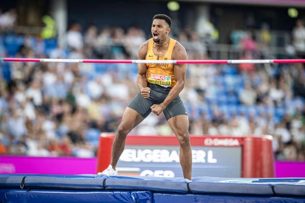 RECORD DATE NOT STATED 12th August 2026; Alexander Stadium, Birmingham, Midlands, England; 2026 European Athletics Championships, Day Three; Leo Neugebauer (GER) celebrates a successful high jump in the mens decathlon GodfreyxPitt