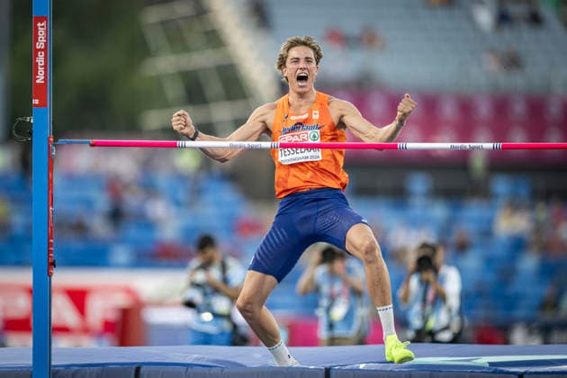 RECORD DATE NOT STATED 12th August 2026; Alexander Stadium, Birmingham, Midlands, England; 2026 European Athletics Championships, Day Three; Jeff Tesselaar (NED) celebrates a successful high jump in the mens decathlon GodfreyxPitt