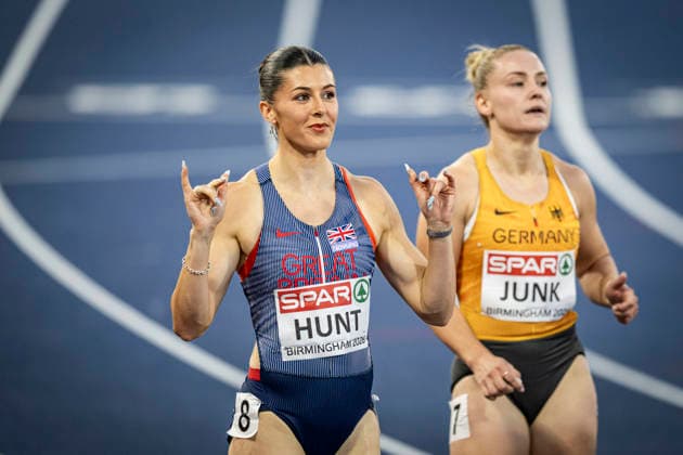 RECORD DATE NOT STATED 12th August 2026; Alexander Stadium, Birmingham, Midlands, England; 2026 European Athletics Championships, Day Three; Amy Hunt (GBR) celebrates winning her heat in the womens 200m GodfreyxPitt