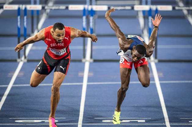 RECORD DATE NOT STATED 12th August 2026; Alexander Stadium, Birmingham, Midlands, England; 2026 European Athletics Championships, Day Three; Jason Joseph (SUI) wins gold in the mens 110m hurdles from Just Kwaou-Mathey (FRA) in second GodfreyxPitt