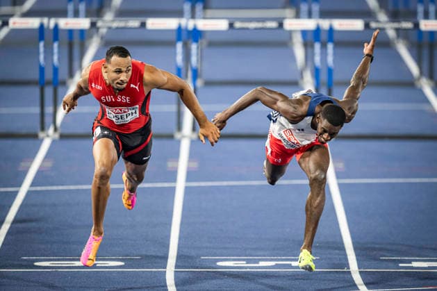 RECORD DATE NOT STATED 12th August 2026; Alexander Stadium, Birmingham, Midlands, England; 2026 European Athletics Championships, Day Three; Jason Joseph (SUI) wins gold in the mens 110m hurdles from Just Kwaou-Mathey (FRA) in second GodfreyxPitt