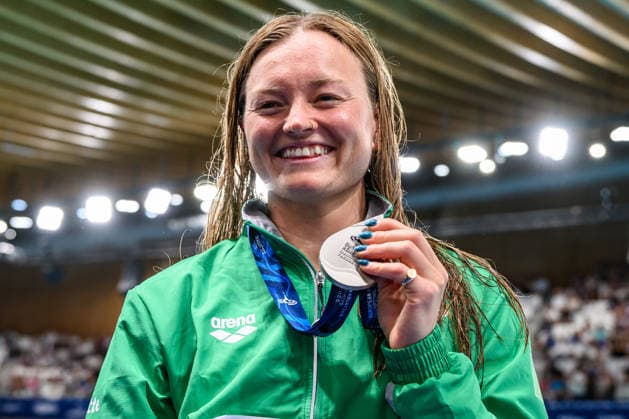 Mona Mc Sharry of Ireland celebrates after winning the silver medal in the swimming 100m Breaststroke Women Final during the European Aquatics Championships at the Olympic Aquatic Center in Paris (France), August 12, 2026. Andrea Staccioli Deepbluemedia Insidefoto