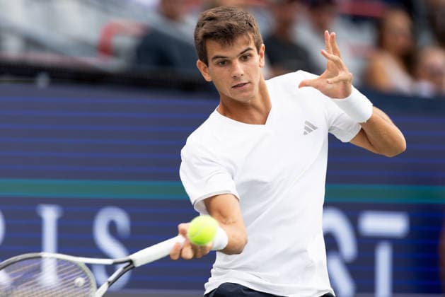 August 12, 2026, Montreal, Quebec, Canada: RAFAEL JODAR (20) from Spain forehand in match against Brandon Nakashima (28) from USA in semi final at Canadian Open at IGA stadium in Montreal, Quebec, Canada on 2026-08-12 TENNIS: Canadian Open Montreal 2026  - ZUMAl189 20260812_zsp_l189_003 Copyright: xYannickxLegarex