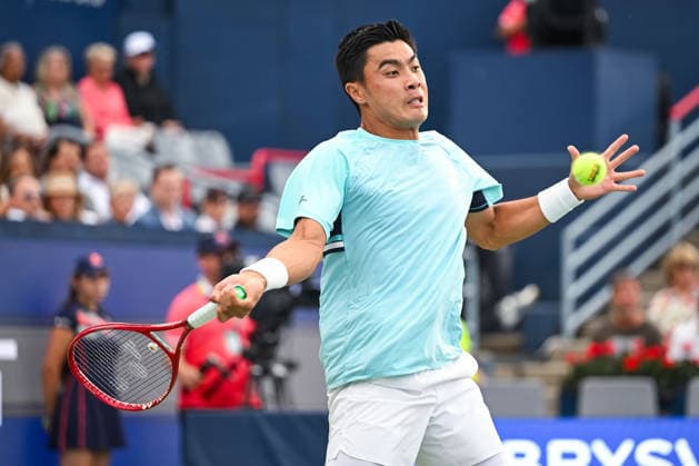 MONTREAL, QC - AUGUST 12: Brandon Nakashima (USA) returns the ball during a semifinal match at National Bank Open on August 12, 2026 at IGA Stadium in Montreal, QC (Photo by David Kirouac Icon Sportswire) TENNIS: AUG 12 National Bank Open EDITORIAL USE ONLY Icon26081200326