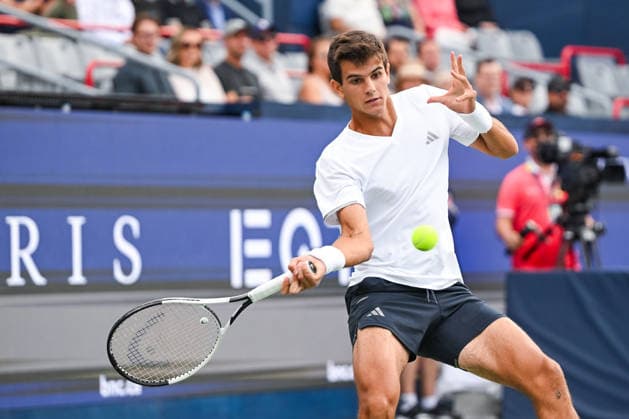 MONTREAL, QC - AUGUST 12: Rafael Jodar (ESP) returns the ball during a semifinal match at National Bank Open on August 12, 2026 at IGA Stadium in Montreal, QC (Photo by David Kirouac Icon Sportswire) TENNIS: AUG 12 National Bank Open EDITORIAL USE ONLY Icon26081200926