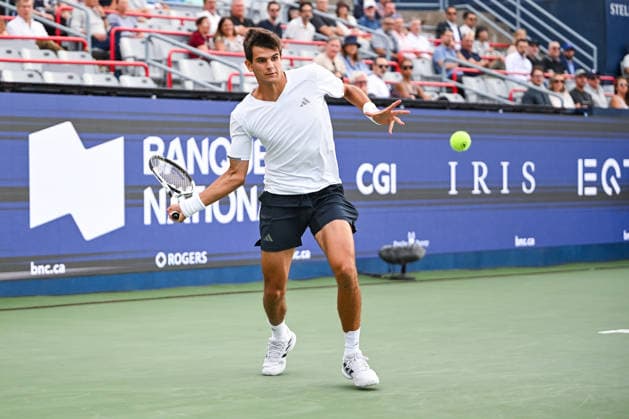MONTREAL, QC - AUGUST 12: Rafael Jodar (ESP) returns the ball during a semifinal match at National Bank Open on August 12, 2026 at IGA Stadium in Montreal, QC (Photo by David Kirouac Icon Sportswire) TENNIS: AUG 12 National Bank Open EDITORIAL USE ONLY Icon26081201026