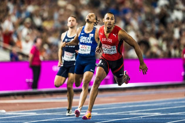 European Athletics Championships; Birmingham, 12.08.2026 BIRMINGHAM, UNITED KINGDOM - AUGUST 12: Jason Joseph (Switzerland) crosses the finish line in the final of the mens 110 m hurdles on August 12, 2026 in Birmingham, United Kingdom. *** European Athletics Championships, Birmingham, August 12, 2026 BIRMINGHAM, UNITED KINGDOM AUGUST 12 Jason Joseph of Switzerland crosses the finish line in the men s 110-meter hurdles final on August 12, 2026, in Birmingham, United Kingdom Copyright: xBEAUTIFULxSPORTS UlfxSchillerx