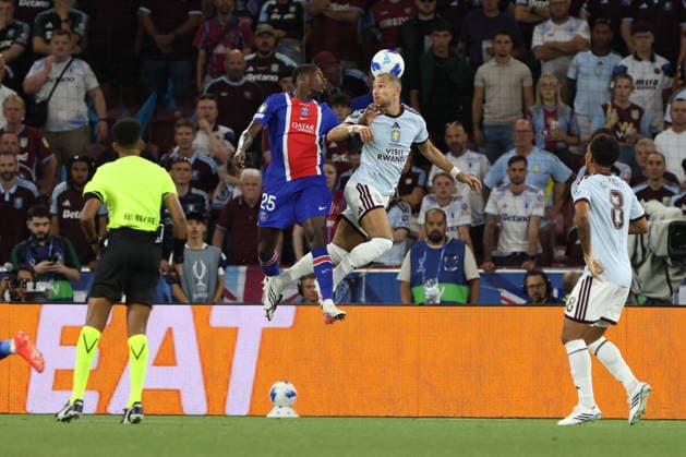 SALZBURG, AUSTRIA - AUGUST 12: Nuno Mendes of Paris Saint Germain and Matty Cash of Aston Villa during the UEFA Super Cup final between PSG and Aston Villa at Stadion Salzburg on August 12, 2026 in Salzburg, Austria.  Copyright: xSeverinxAichbauer SPPx Sportspressphoto_SPR205153