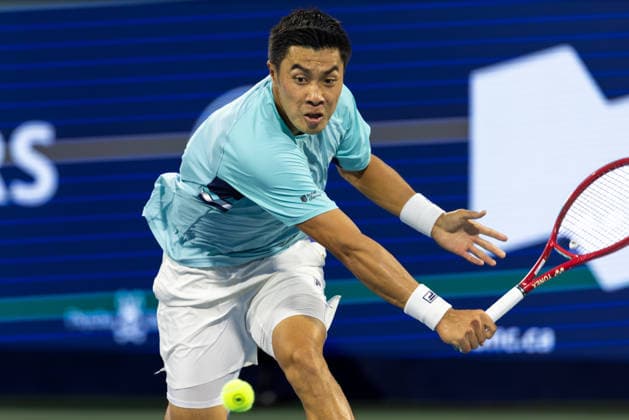 August 12, 2026, Montreal, Quebec, Canada: BRANDON NAKASHIMA (28) from USA backhand in match against Rafael Jodar (20) from Spain in semi final at Canadian Open at IGA stadium in Montreal, Quebec, Canada on 2026-08-12 Montreal Canada - ZUMAl189 20260812_zsp_l189_016 Copyright: xYannickxLegarex