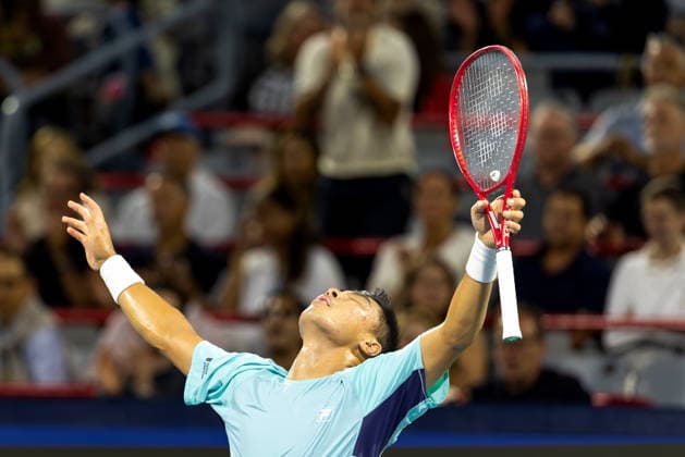 August 12, 2026, Montreal, Quebec, Canada: BRANDON NAKASHIMA (28) from USA reaction after win against Rafael Jodar (20) from Spain in semi final at Canadian Open at IGA stadium in Montreal, Quebec, Canada on 2026-08-12 Montreal Canada - ZUMAl189 20260812_zsp_l189_017 Copyright: xYannickxLegarex