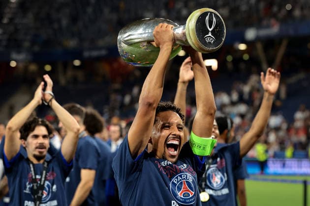 Paris Saint Germain v Aston Villa - UEFA Super Cup - Stadio Salzburg Salzburg, Austria, 12th August 2026. Marquinhos of PSG celebrates with the trophy following the 2-1 victory in the Paris Saint Germain vs Aston Villa UEFA Super Cup match at Stadion Salzburg, Salzburg. Picture credit should read: Jonathan Moscrop Salzburg Stadion Salzburg Austria