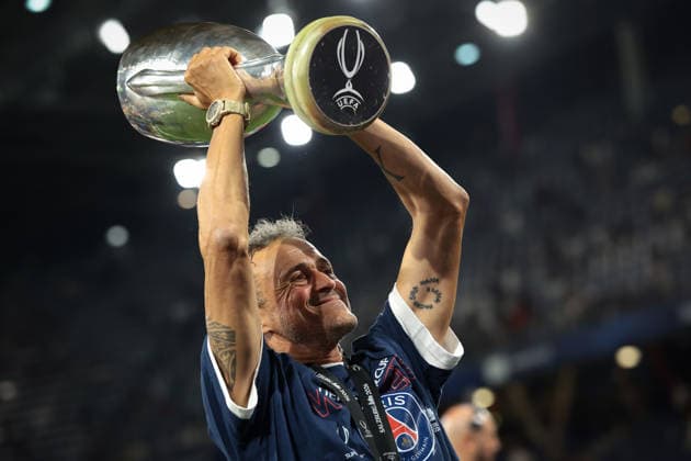 Paris Saint Germain v Aston Villa - UEFA Super Cup - Stadio Salzburg Salzburg, Austria, 12th August 2026. Luis Enrique Head Coach of PSG celebrates with the trophy following the 2-1 victory in the Paris Saint Germain vs Aston Villa UEFA Super Cup match at Stadion Salzburg, Salzburg. Picture credit should read: Jonathan Moscrop Salzburg Stadion Salzburg Austria