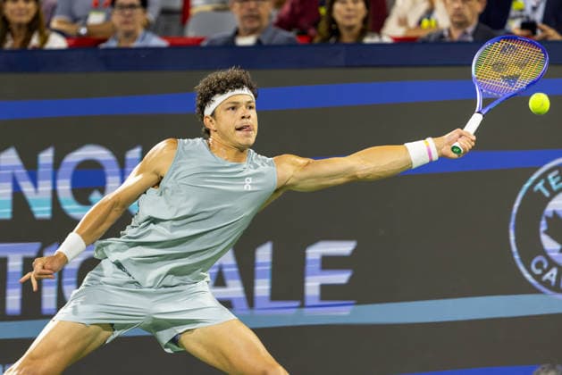 August 12, 2026, Montreal, Quebec, Canada: BEN SHELTON (5) from USA forehand in match against Learner Tien (12) from USA in semi final at Canadian Open at IGA stadium in Montreal, Quebec, Canada on 2026-08-12 TENNIS: Canadian Open Montreal 2026  - ZUMAl189 20260812_zsp_l189_029 Copyright: xYannickxLegarex