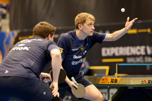 MALMO, SWEDEN - AUGUST 12: Kristian Karlsson and Anton Kallberg of Sweden compete in the Men s Doubles - Round of 16 match against Lin Shidong and Wen Ruibo of China on Day 3 of Europe Smash Sweden 2026 at Baltiska Hallen on August 12, 2026 in Malmo, Sweden.  Copyright: xVCGx 111659563561