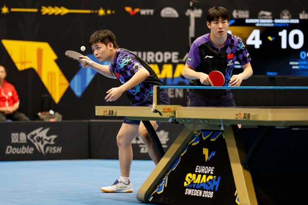 MALMO, SWEDEN - AUGUST 12: Lin Shidong and Wen Ruibo of China compete in the Men s Doubles - Round of 16 match against Kristian Karlsson and Anton Kallberg of Sweden on Day 3 of Europe Smash Sweden 2026 at Baltiska Hallen on August 12, 2026 in Malmo, Sweden.  Copyright: xVCGx 111659563387