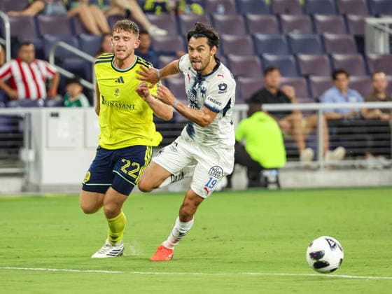 August 12, 2026: CF Monterrey defender Daniel Aceves (19) pushes Nashville SC defender Josh Bauer (22) away from the ball during a Leagues Cup match between CF Monterrey and Nashville SC at Geodis Park in Nashville, TN. CSM Nashville United States of America - ZUMAc04_ 20260812_zma_c04_086 Copyright: xStephenxFurstx