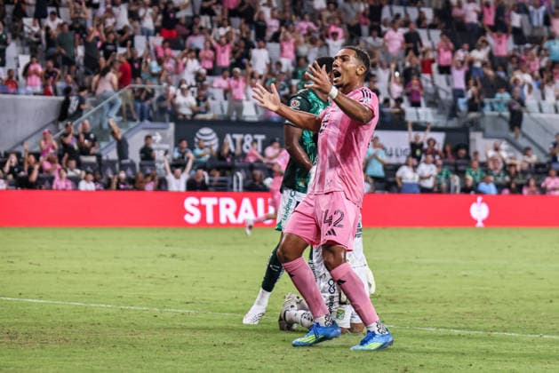 MIAMI, FL - AUGUST 12: Yannick Bright 42 of Inter Miami CF celebrates a goal during a Leagues Cup soccer match between Inter Miami CF and Leon at NU Stadium on August 12, 2026 in Miami, Florida.(Photo by Chris Arjoon Icon Sportswire) SOCCER: AUG 12 Leagues Cup Miami vs Monterrey EDITORIAL USE ONLY Icon26081200000012