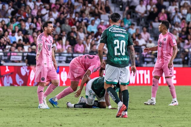 MIAMI, FL - AUGUST 12: Leo Messi 10 of Inter Miami CF looks on during a Leagues Cup soccer match between Inter Miami CF and Leon at NU Stadium on August 12, 2026 in Miami, Florida.(Photo by Chris Arjoon Icon Sportswire) SOCCER: AUG 12 Leagues Cup Miami vs Monterrey EDITORIAL USE ONLY Icon26081200000022