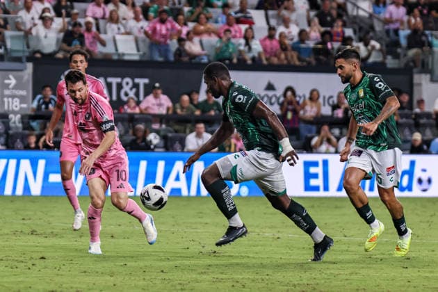 MIAMI, FL - AUGUST 12: Leo Messi 10 of Inter Miami CF kicks a ball during a Leagues Cup soccer match between Inter Miami CF and Leon at NU Stadium on August 12, 2026 in Miami, Florida.(Photo by Chris Arjoon Icon Sportswire) SOCCER: AUG 12 Leagues Cup Miami vs Monterrey EDITORIAL USE ONLY Icon26081200000036